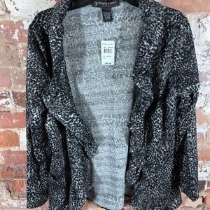 Black and Gray Open Front Cardigan with Shawl Collar and Full Length Sleeves
